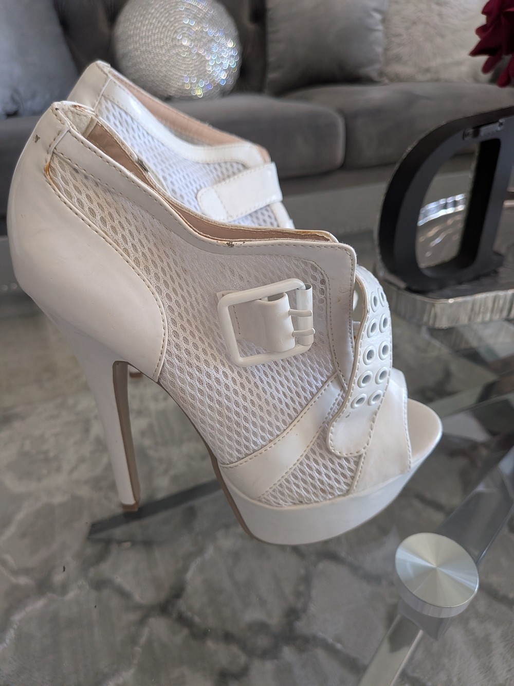 White Mesh Peep-Toe Platform Heels 5.5